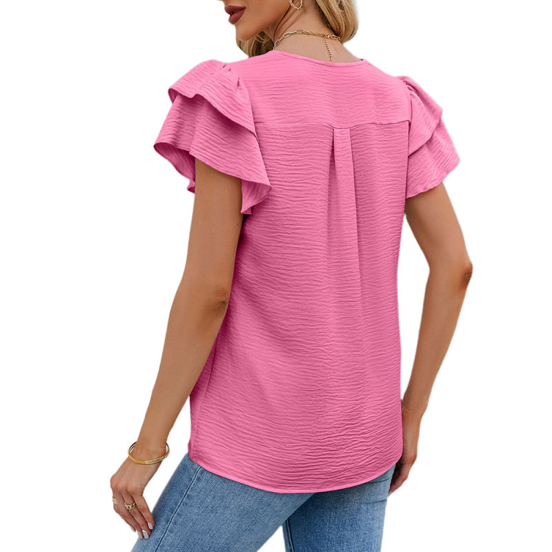 Dark pink Chiffon V-neck Ruffled Short Sleeve Top TQG22001-73