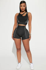 Black Strappy Mix Pattern Cutout Bra and Shorts Set LC2611500-2