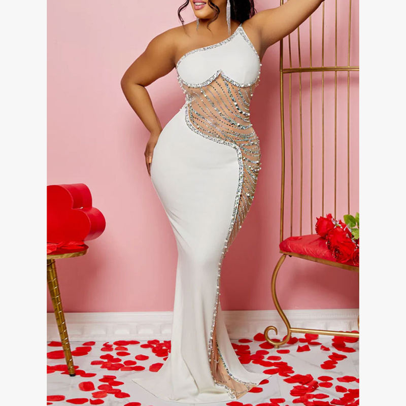 White Rhinestone Pearl Mesh One-shoulder Maxi Dress TQK311552-1