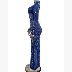 Blue Rhinestone Mesh Long Sleeve Maxi Dress TQK311551-5