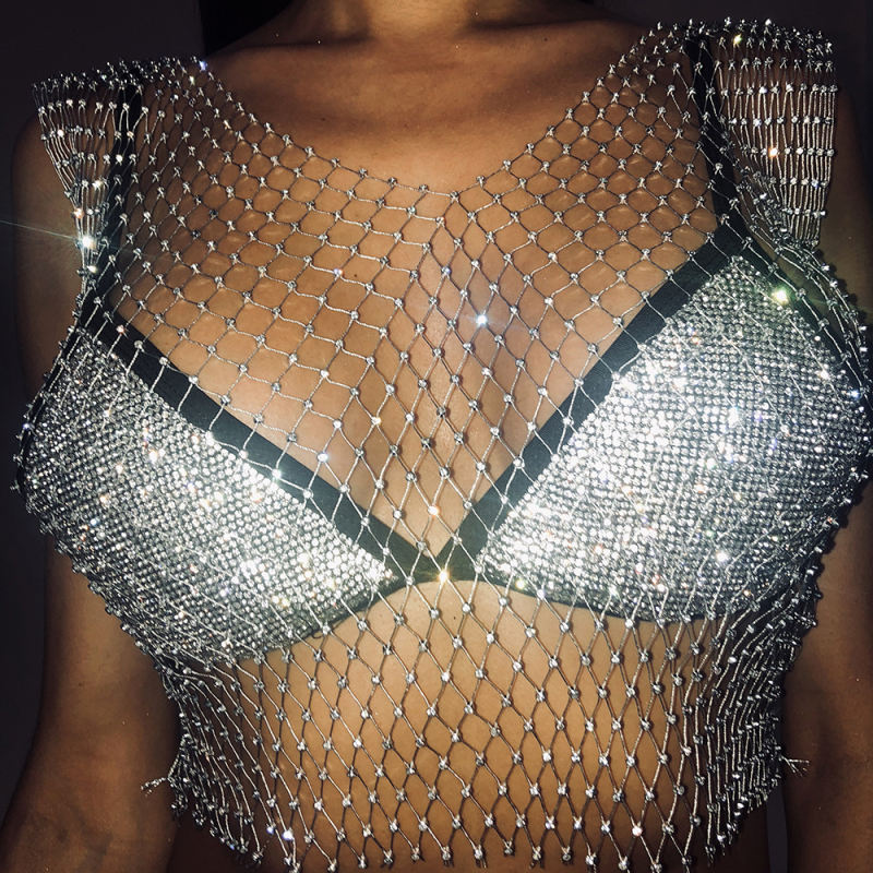 Silver Rhinestone Mesh Hollow-out V Neck Crop Top TQV220016-13