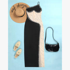 Black Rhinestone Pearl Mesh One-shoulder Maxi Dress TQK311552-2