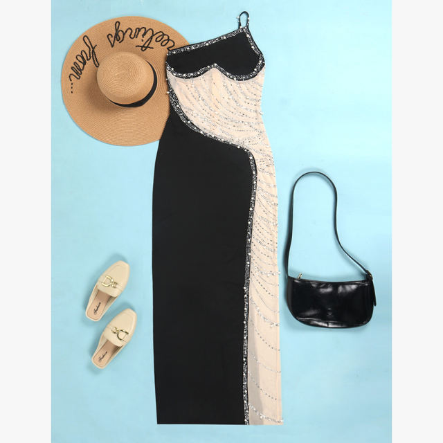 Black Rhinestone Pearl Mesh One-shoulder Maxi Dress TQK311552-2