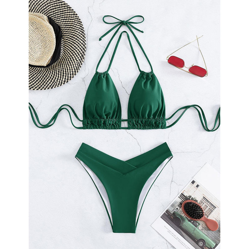 Dark Green Solid Dual Straps Halter Bikini Set TQG610006-36