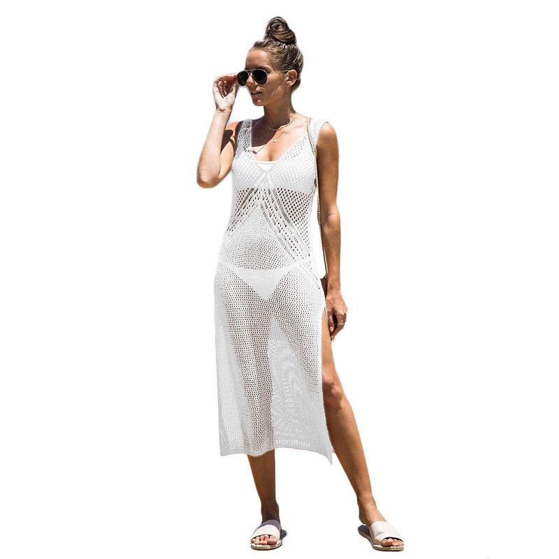 White Hollow Crochet Split Beach Dress TQK650057-1