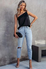 Black Satin One Shoulder Loose Tank Top LC2568331-2