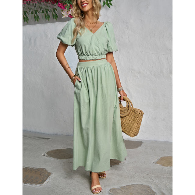 Pea Green V Neck Crop Top and Pocket Skirt Set TQX711102-64