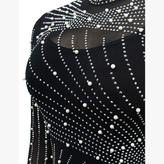 Black Rhinestone Mesh Long Sleeve Maxi Dress TQK311551-2