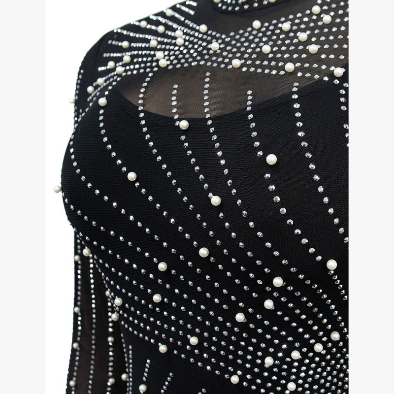 Black Rhinestone Mesh Long Sleeve Maxi Dress TQK311551-2