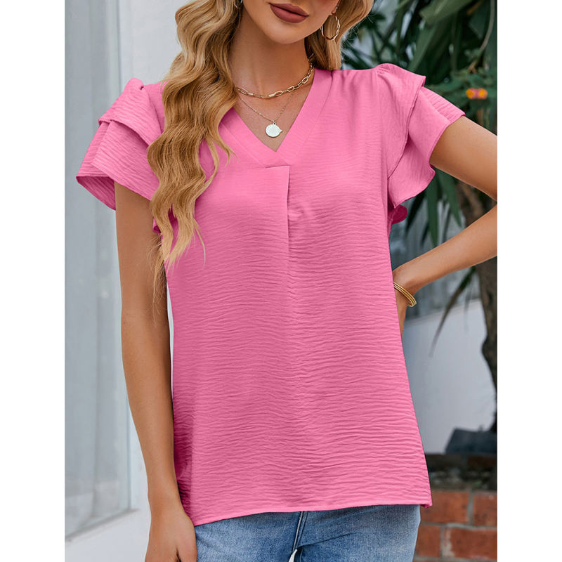 Dark pink Chiffon V-neck Ruffled Short Sleeve Top TQG22001-73