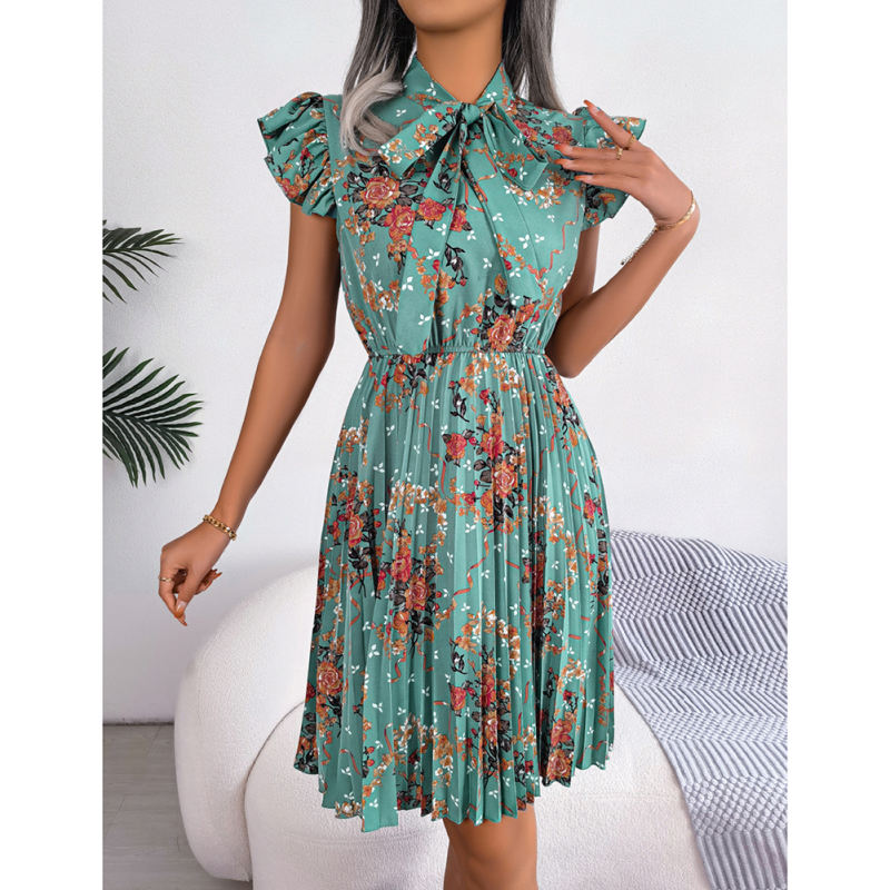 Green Flower Print Ruffle Sleeves Pleated Dress with Tie TQH310096-9
