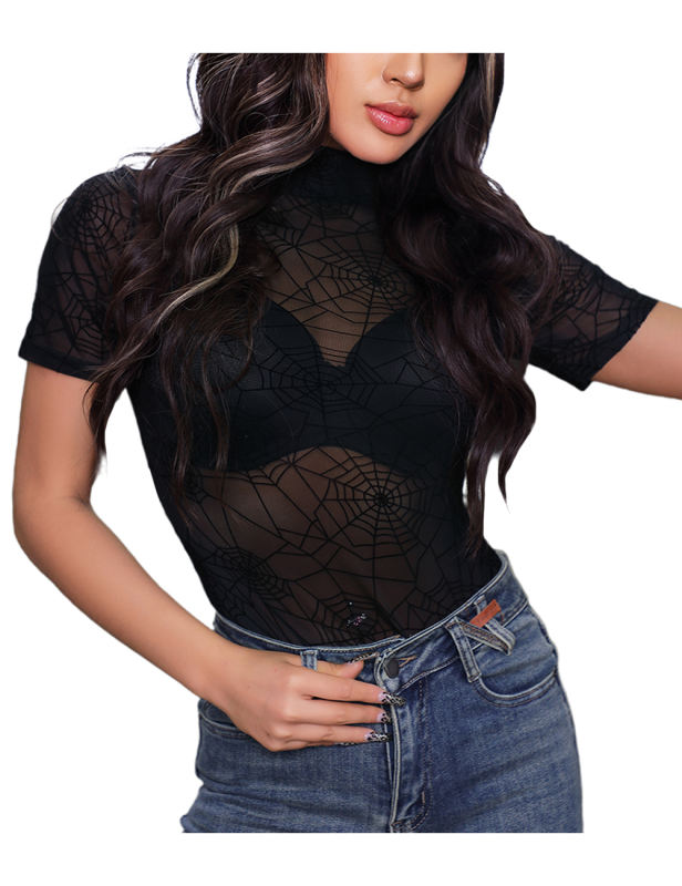 Black Sheer Mesh Spider Net Velvet Bodysuit TQX950007-2