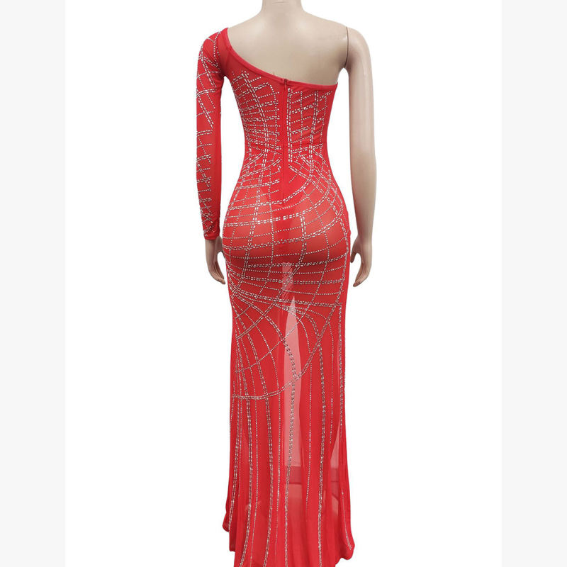 Red Off Shoulder Mesh Rhinestone High Split Maxi Dress TQK311550-3