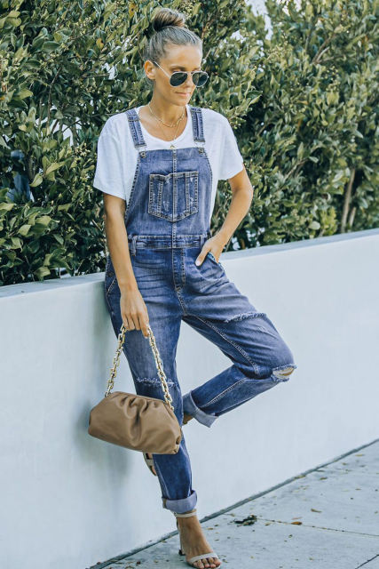 Sky Blue Distressed Bib Denim Overalls LC783879-4