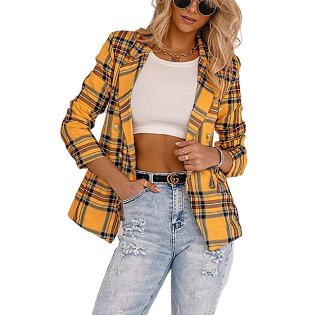 Yellow Plaid Print Casual Blazer Top TQK260046-7