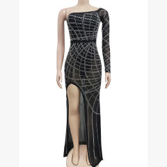 Black Off Shoulder Mesh Rhinestone High Split Maxi Dress TQK311550-2