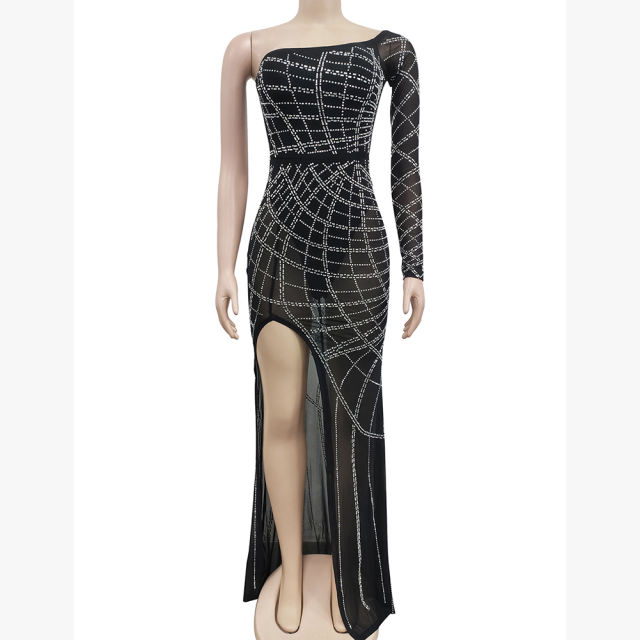 Black Off Shoulder Mesh Rhinestone High Split Maxi Dress TQK311550-2