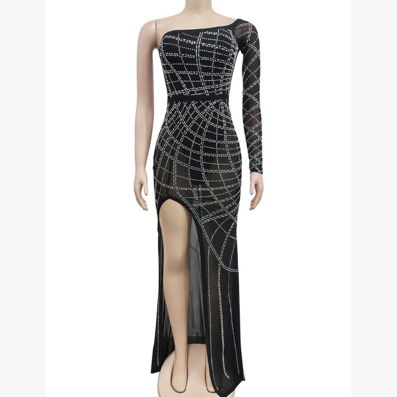 Black Off Shoulder Mesh Rhinestone High Split Maxi Dress TQK311550-2