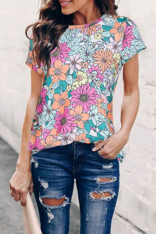 Multicolor Floral Print Asymmetric Hem Short Sleeve Top LC25220722-22