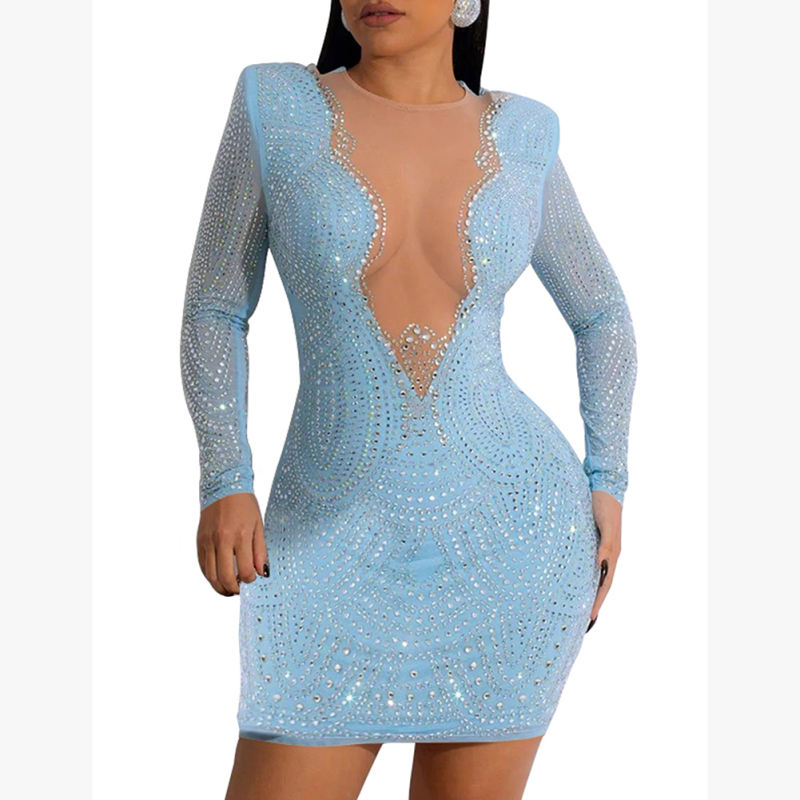 Light Blue Deep V Neck Rhinestone Long Sleeve Bodycon Dress TQK311547-30