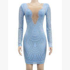 Light Blue Deep V Neck Rhinestone Long Sleeve Bodycon Dress TQK311547-30