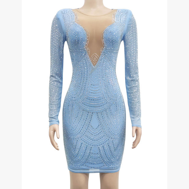 Light Blue Deep V Neck Rhinestone Long Sleeve Bodycon Dress TQK311547-30