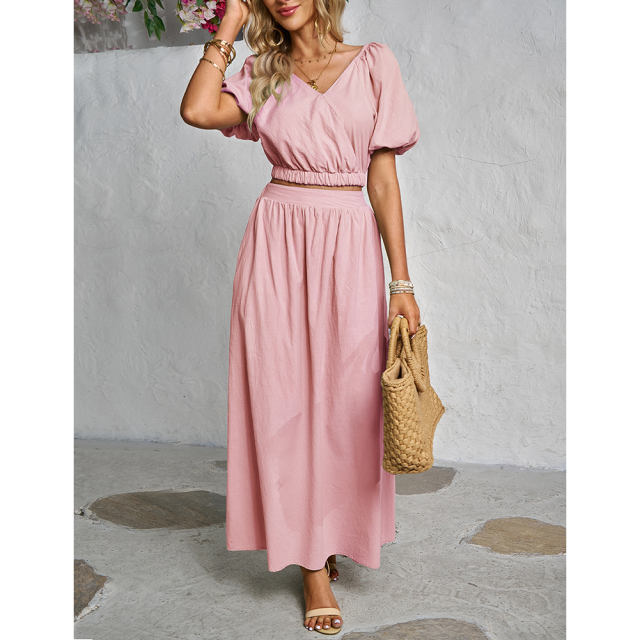 Pink V Neck Crop Top and Pocket Skirt Set TQX711102-10
