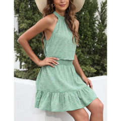 Light Green Vintage Pleated Sleeveless Halter Floral Dress TQK311023-28