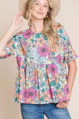 Multicolor Bohemian Flower Print Flowy Short Sleeve Top LC25220723-22