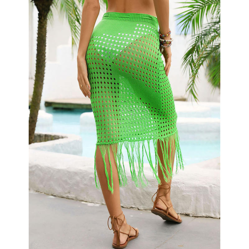 Green Hollow-out Tasseled Beach Cover Skirt  TQL360061-9