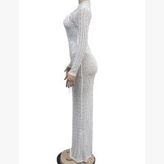 White Rhinestone Mesh Long Sleeve Maxi Dress TQK311551-1