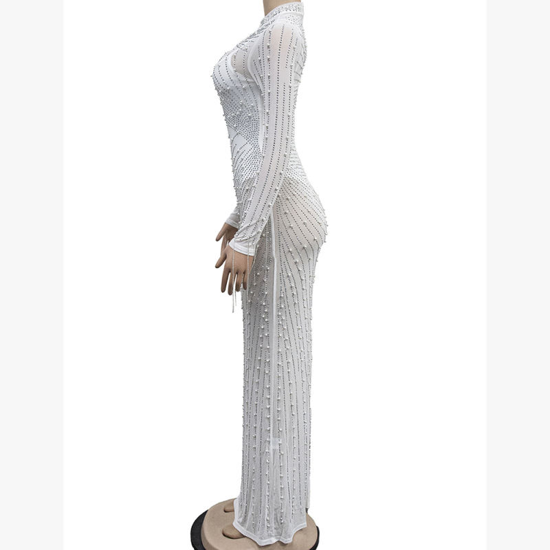 White Rhinestone Mesh Long Sleeve Maxi Dress TQK311551-1