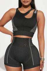 Black Strappy Mix Pattern Cutout Bra and Shorts Set LC2611500-2
