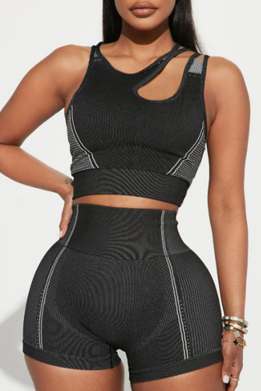 Black Strappy Mix Pattern Cutout Bra and Shorts Set LC2611500-2