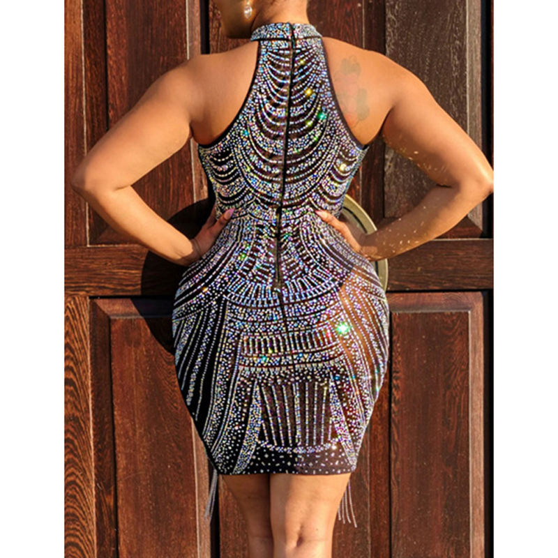 Black Halter Rhinestone Tasseled Bodycon Dress TQK311239-2