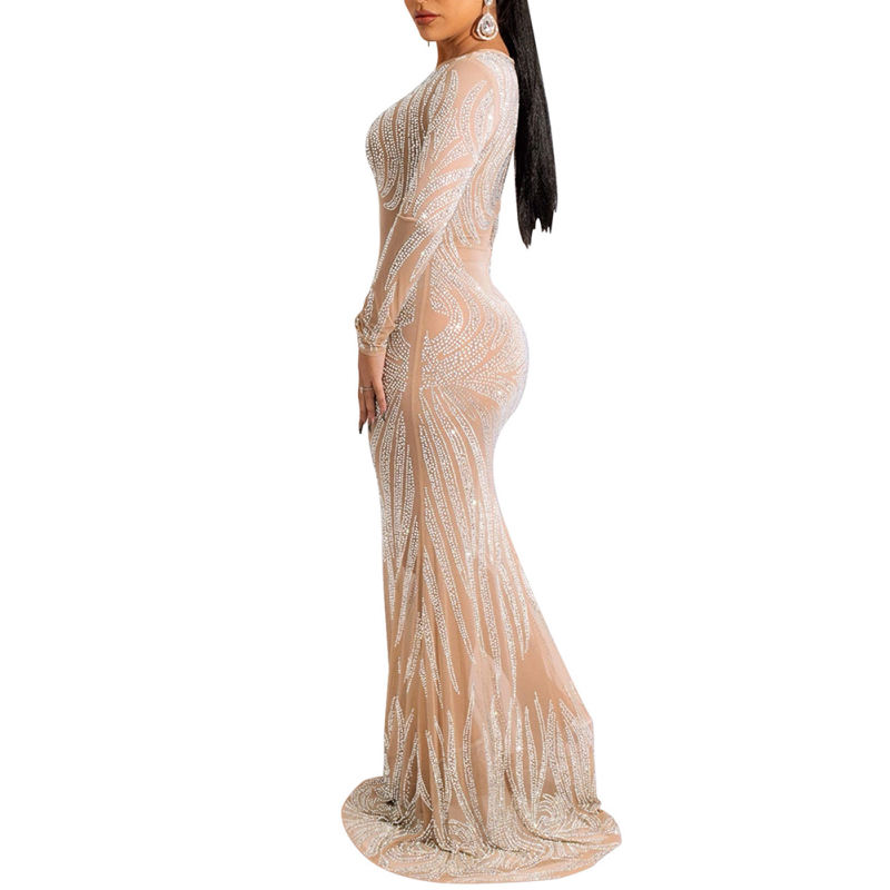 Apricot Mesh Rhinestone See Through Long Sleeve Maxi Dress TQK311243-18