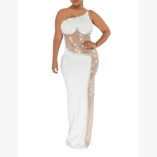 White Rhinestone Pearl Mesh One-shoulder Maxi Dress TQK311552-1