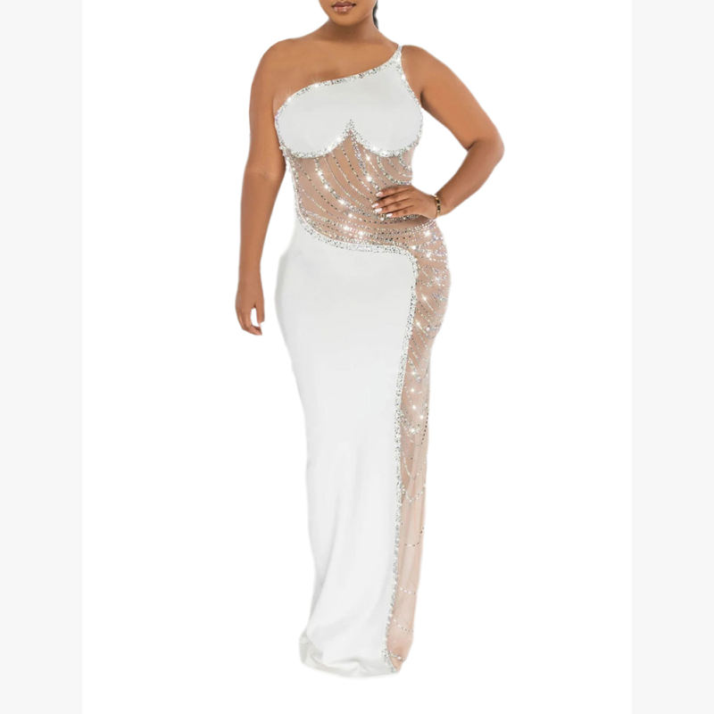 White Rhinestone Pearl Mesh One-shoulder Maxi Dress TQK311552-1