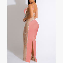 Pink Rhinestone Pearl Mesh One-shoulder Maxi Dress TQK311552-10