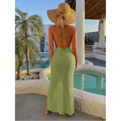 Grass Green Backless High Split Beach Cover Dress TQK650107-61