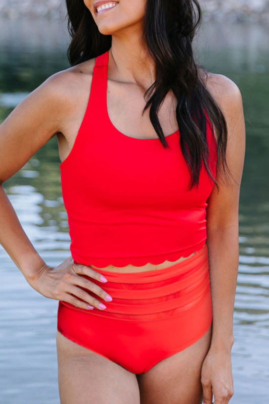 Red Scalloped Criss Cross High Waist Bikini LC433616-3