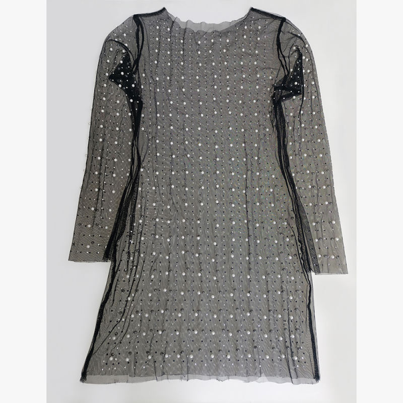 Black Sheer Rhinestone Mesh Long Sleeve Beach Cover TQK311544-2