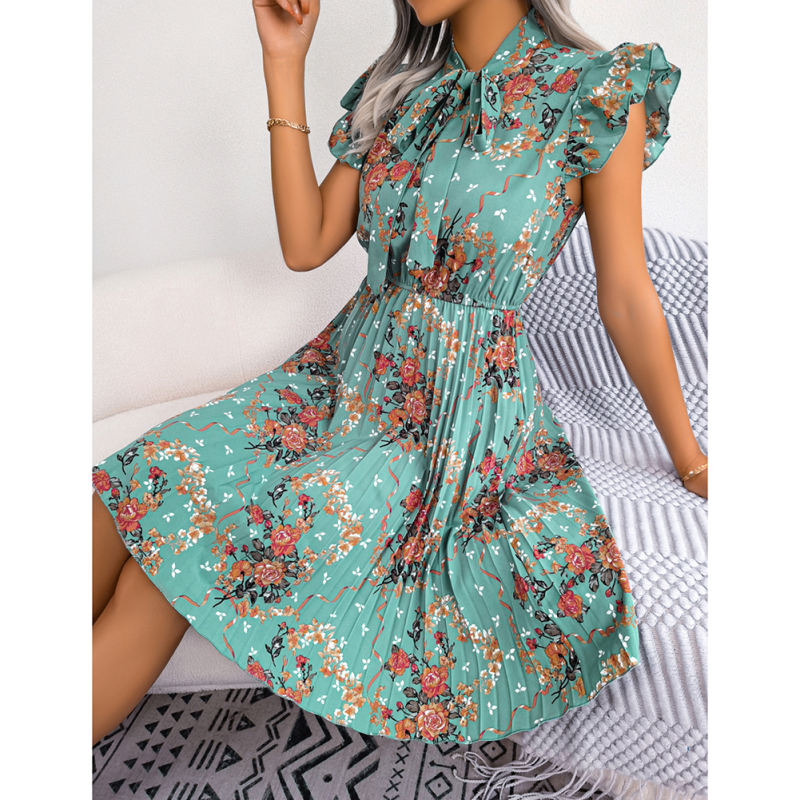 Green Flower Print Ruffle Sleeves Pleated Dress with Tie TQH310096-9