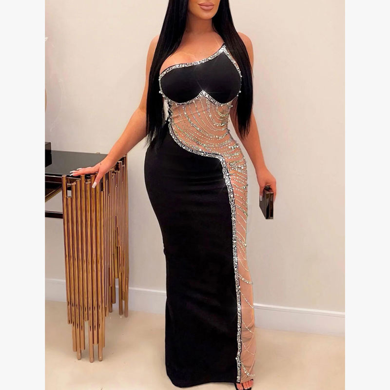 Black Rhinestone Pearl Mesh One-shoulder Maxi Dress TQK311552-2