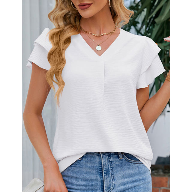 White Chiffon V-neck Ruffled Short Sleeve Top TQG22001-1