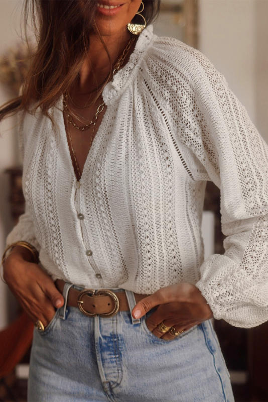 V-Neck Long Sleeve Button Up Lace Shirt LC2553539-101