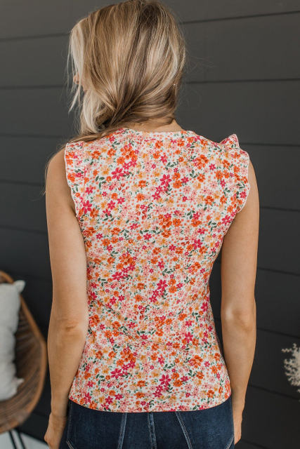 Red Floral Ribbed Knit Frill Tank Top LC2568607-3