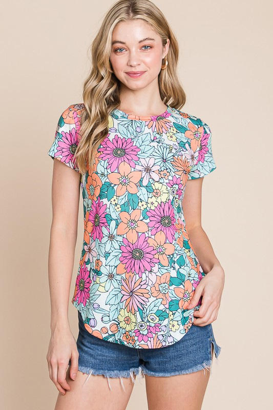 Multicolor Floral Print Asymmetric Hem Short Sleeve Top LC25220722-22