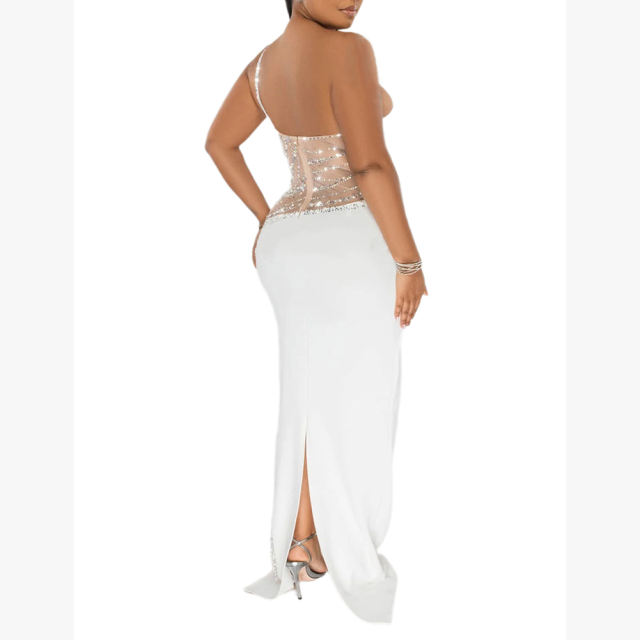 White Rhinestone Pearl Mesh One-shoulder Maxi Dress TQK311552-1