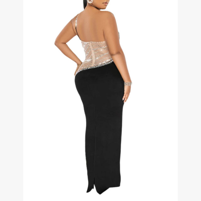 Black Rhinestone Pearl Mesh One-shoulder Maxi Dress TQK311552-2